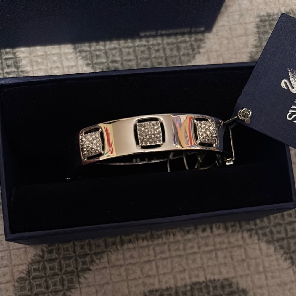 NEW: Swarovski Tactic Rhodium Plated Stainless Steel Crystal Pave Hinge Bangle - Picture 4 of 6